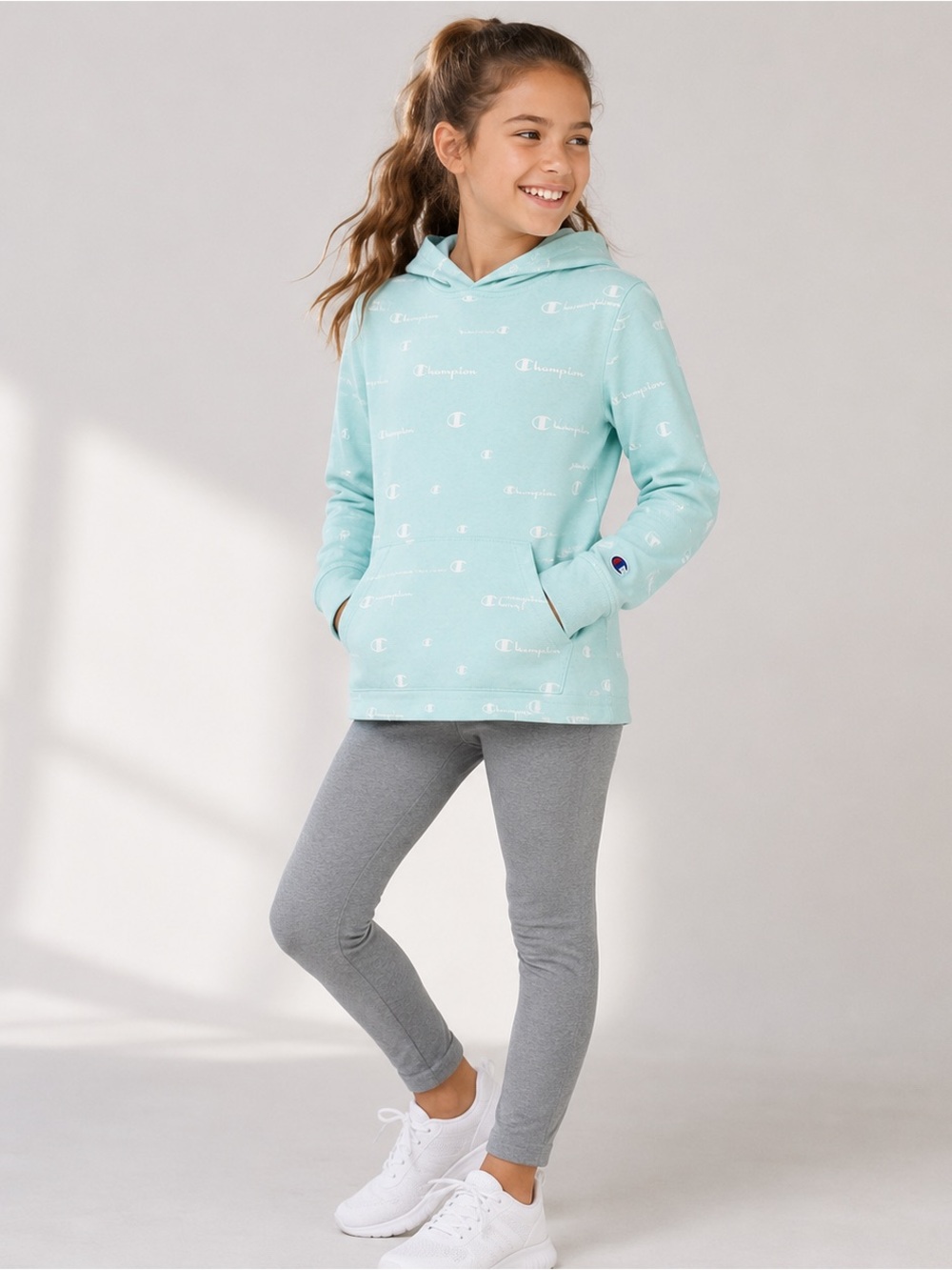 Champion Hoodie Aqua Jersey All Over Logo Print Medium Kids Pullover